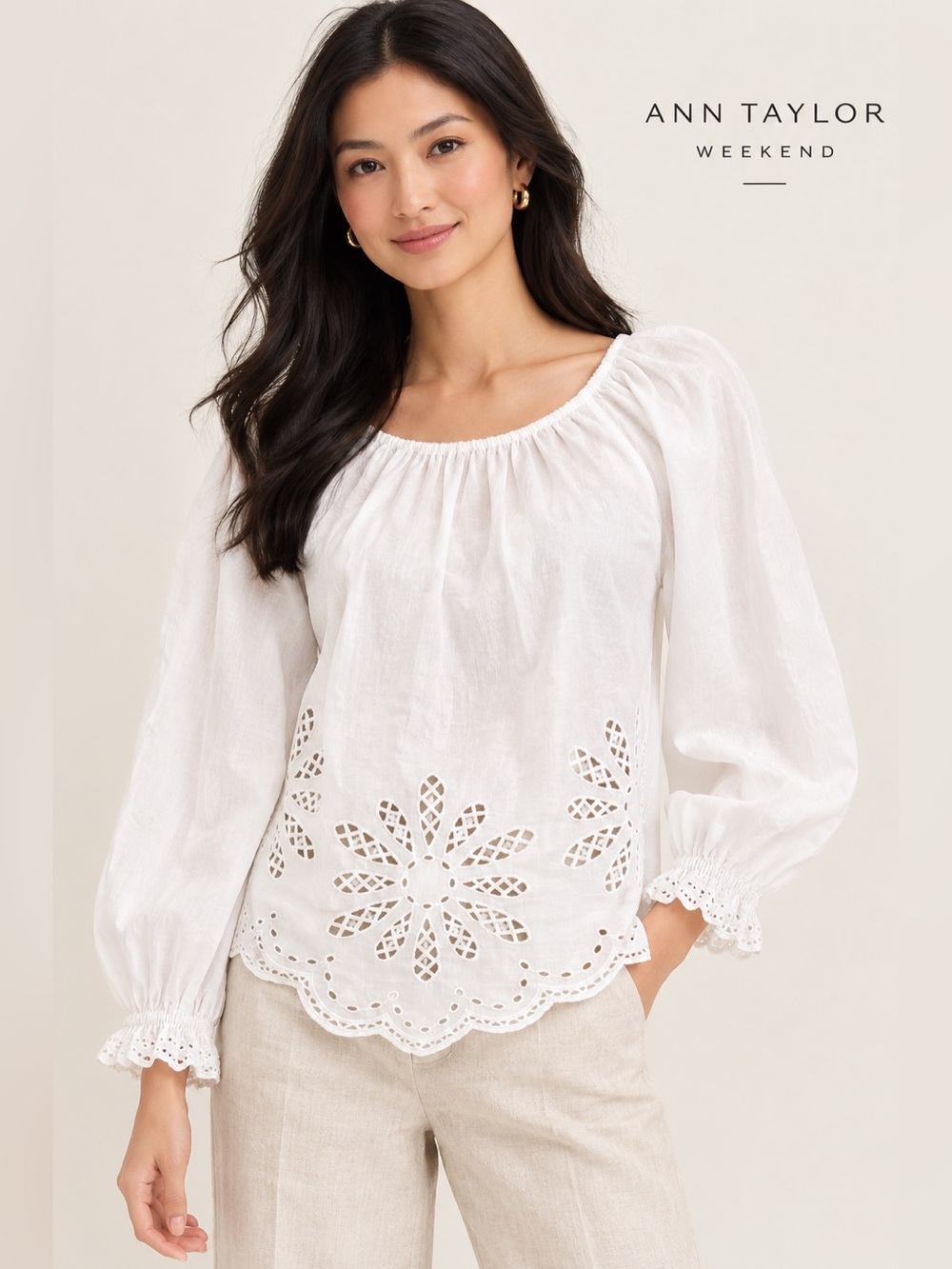 Ann Taylor Weekend cut out embroidery cotton blouse in white MP